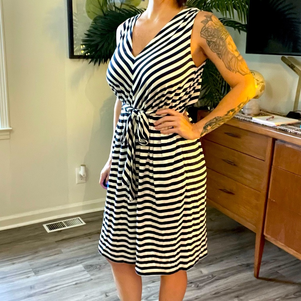 Talbots Navy & White Striped Midi Dress, V-Neck, Sleeveless, Medium! NWT…